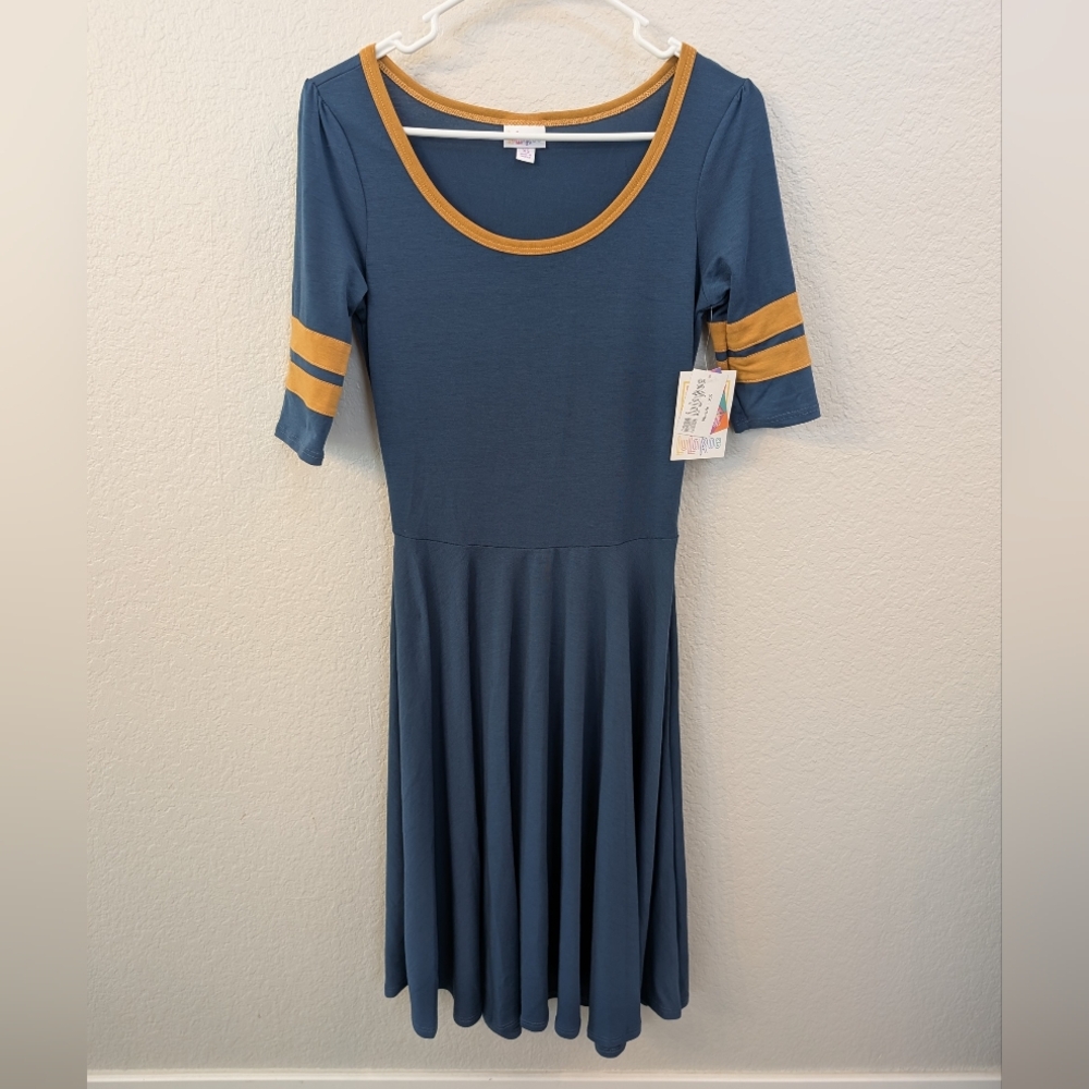 LuLaRoe Blue Dress with Gold Yellow Trim Size XS - NEW